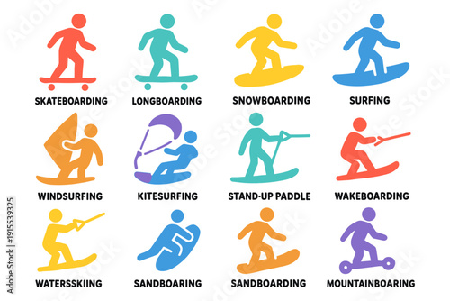 Colorful silhouette icons of diverse board sports activities