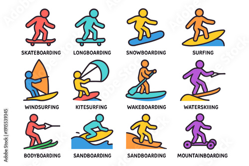 Colorful sport figures: skateboarding, surfing, snowboarding, and more