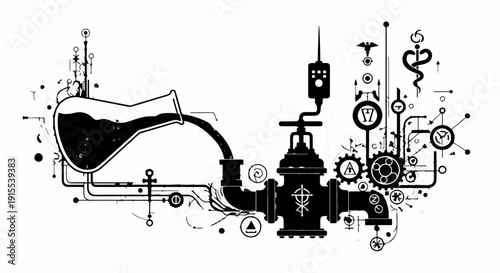 Abstract science experiment with flowing liquid and intricate machinery