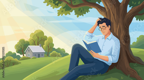 Young Man Sitting Under Tree in Sunny Landscape, Reading Book and Thinking Deeply Outside His Rural House, Vector Illustration