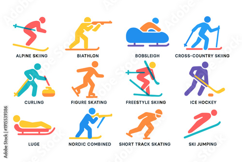 Winter sports icons: diverse athlete silhouettes in vibrant flat design