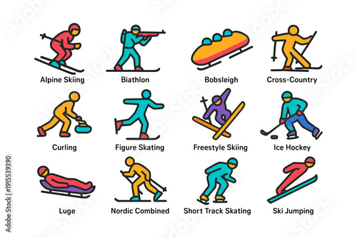 Winter sports icons set featuring skiing, skating, and bobsleigh in flat style
