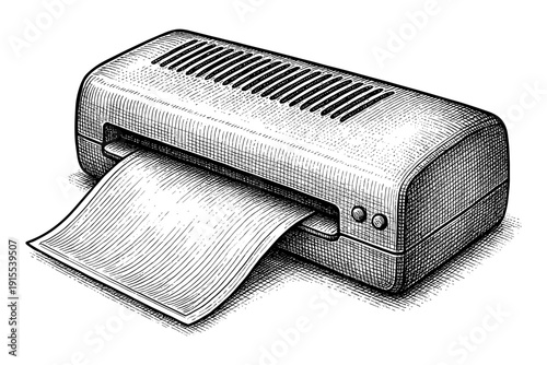 Retro style ink drawing of a vintage printer with paper