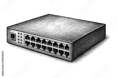 Detailed etching of network switch device in vintage style