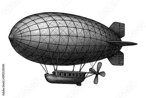 Intricate vintage airship ink design with crosshatched details