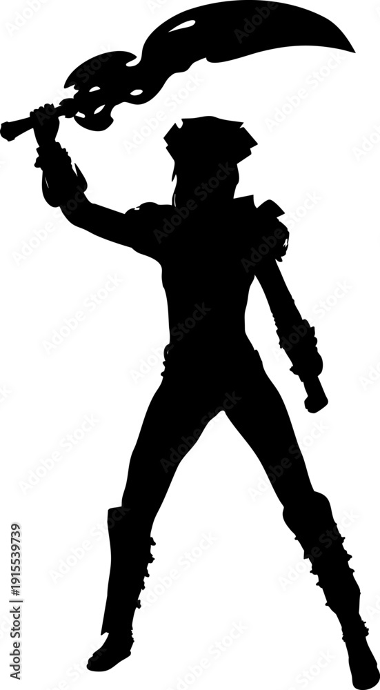 Naklejka premium Illustration of a strong female fantasy warrior silhouette in dynamic pose. She holds a large curved blade and wears spiked armor, ideal for combat or character design themes.