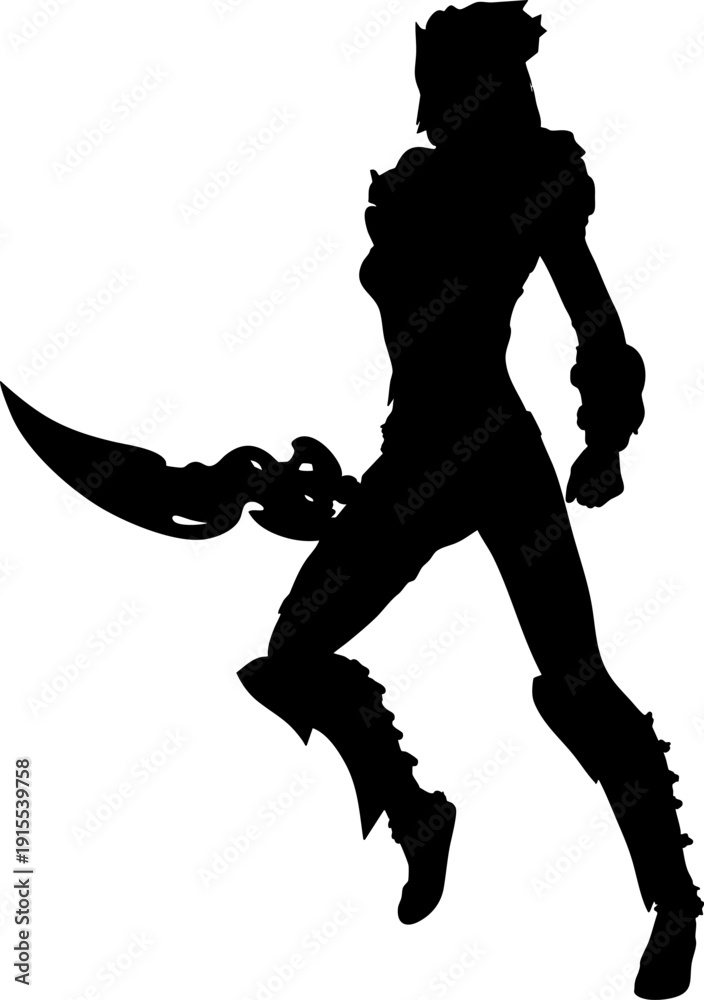 Fototapeta premium Illustration of a strong female fantasy warrior silhouette in dynamic pose. She holds a large curved blade and wears spiked armor, ideal for combat or character design themes.