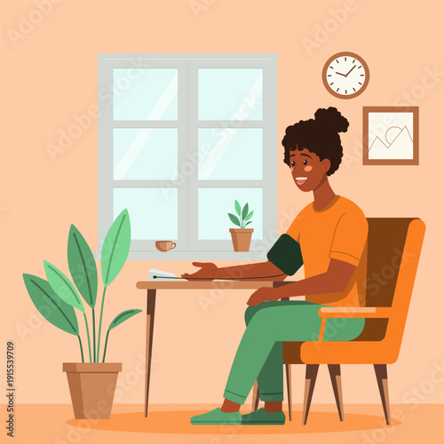 Flat illustration of dark skinned woman sitting in a cozy room, checking her blood pressure using a digital monitor. The scene includes houseplants, a clock, a cup, and wall decor by the window.