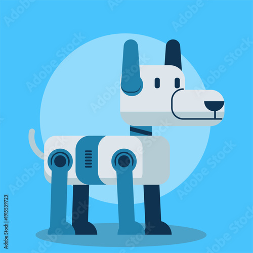 Minimalist cartoon robot dog in blue and white, featuring segmented limbs and a friendly face. Ideal for children’s content, tech themes, or playful futuristic design projects.