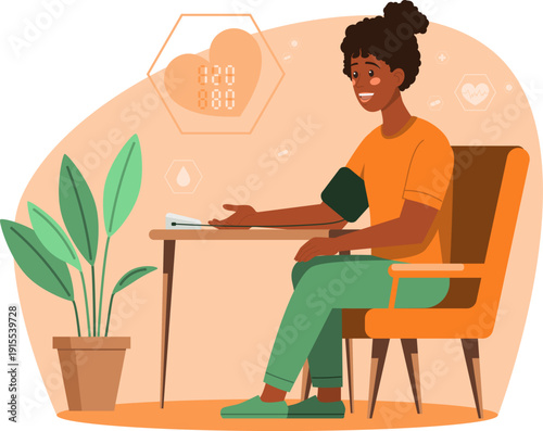 Illustration of dark skinned woman sitting on a chair, smiling while checking her blood pressure with an automatic monitor. Includes health icons and heart rate display in a modern interior setting.