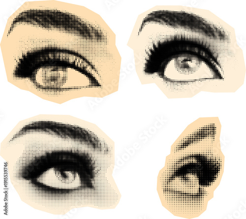 Set of four dot halftone eye illustrations. Emotions and gaze. Open, half closed, squinting, and relaxed. Perfect for emotion studies, UI icons, or expressive design assets, retro collage.