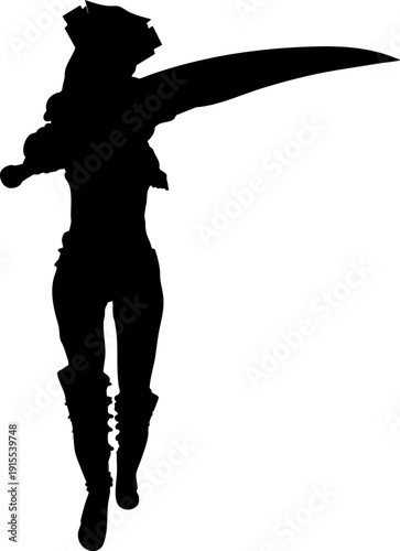 Illustration of a strong female fantasy warrior silhouette in dynamic pose. She holds a large curved blade and wears spiked armor, ideal for combat or character design themes.