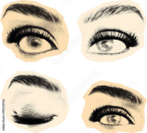 Set of four dot halftone eye illustrations. Emotions and gaze. Open, half closed, squinting, and relaxed. Perfect for emotion studies, UI icons, or expressive design assets, retro collage.