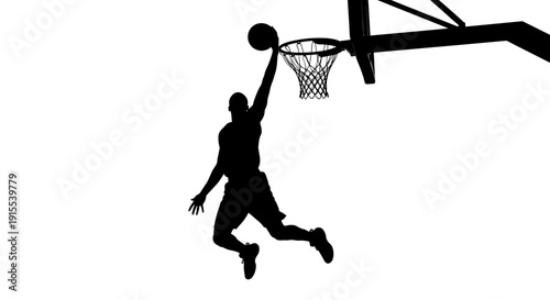 Silhouette of a basketball player performing a slam dunk.