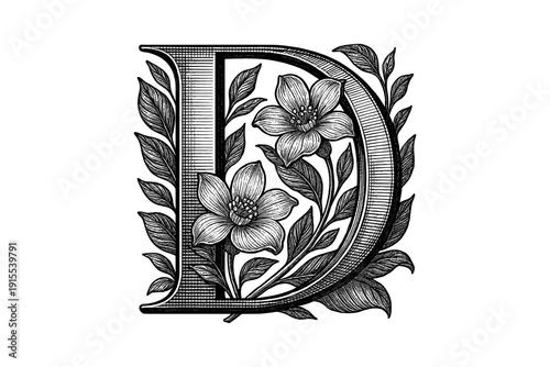 Intricate floral monogram d with elegant vintage leaves and flowers