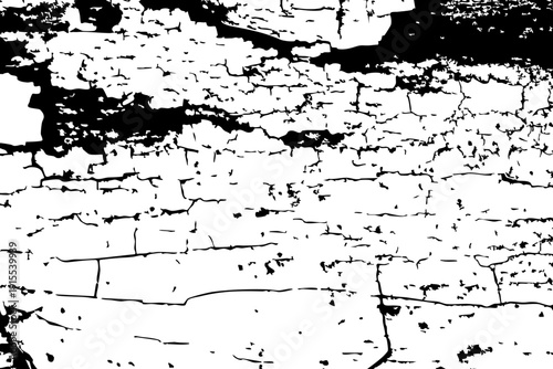 High contrast black and white texture of cracked, weathered wood surface with peeling layers and rough grain, ideal for backgrounds, overlays, and grunge design elements.