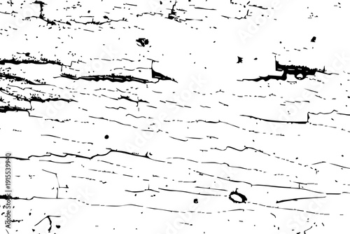 High contrast black and white texture of cracked, weathered wood surface with peeling layers and rough grain, ideal for backgrounds, overlays, and grunge design elements.