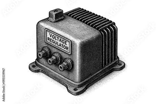 Detailed engraving of a voltage regulator with textured surface and industrial design