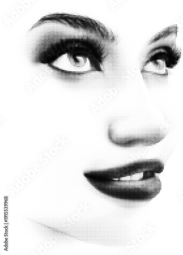 Female face, halftone dotted texture. Illustration of a womans face, defined brows, and full lips using precise dot patterns. Ideal for graphic design, fashion, or pop art.