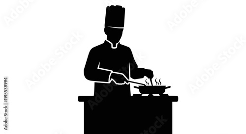 Silhouette of a chef cooking in a professional kitchen setting.