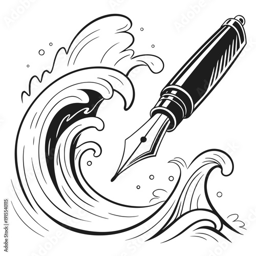 Symbolic illustration of a fountain pen emerging from a crashing wave, representing powerful writing and storytelling