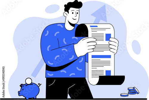 Cartoon happy man in a blue sweater reads a document with a rising graph and coins appear beside him — perfect for illustrating financial growth, surprise profits, or market success.