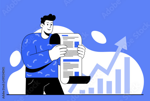 Cartoon happy man in a blue sweater reads a document with a rising graph and coins appear beside him — perfect for illustrating financial growth, surprise profits, or market success.