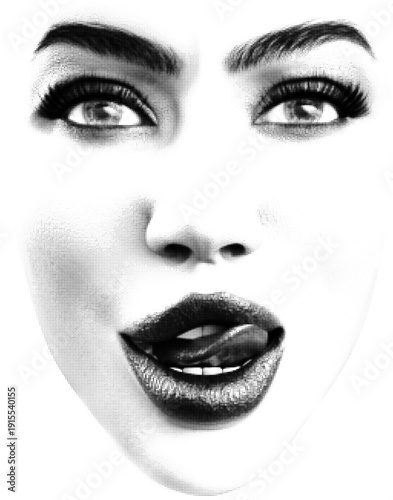 Female face, halftone dotted texture. Illustration of a womans face, defined brows, and full lips using precise dot patterns. Ideal for graphic design, fashion, or pop art.