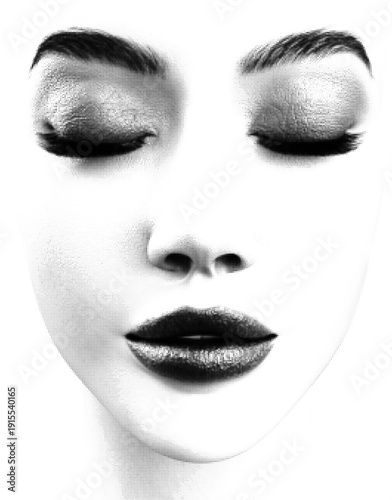 Female face, halftone dotted texture. Illustration of a womans face, defined brows, and full lips using precise dot patterns. Ideal for graphic design, fashion, or pop art.