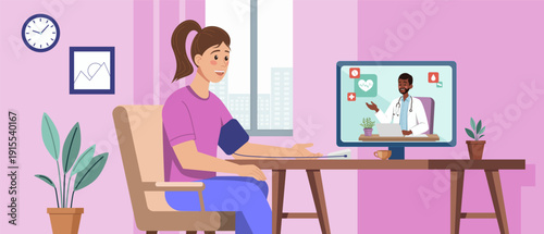Illustration of a young woman checking her blood pressure during an online medical consultation. A smiling doctor appears on a screen, providing virtual healthcare guidance in a home setting.