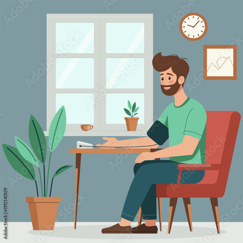 Illustration of a smiling man sitting in a cozy room while checking his blood pressure with a digital monitor. Interior includes plants, window, wall clock, and framed art for a homey feel.