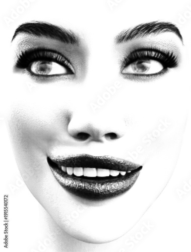Female face, halftone dotted texture. Illustration of a womans face, defined brows, and full lips using precise dot patterns. Ideal for graphic design, fashion, or pop art.