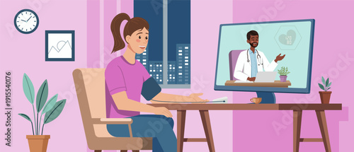 Illustration of a young woman checking her blood pressure during an online medical consultation. A smiling doctor appears on a screen, providing virtual healthcare guidance in a home setting.