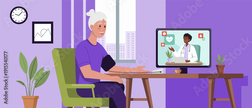 Illustration of elderly woman checking her blood pressure while consulting doctor online. Doctor appears on a screen, symbolizing modern telemedicine, remote healthcare, and digital medical support.