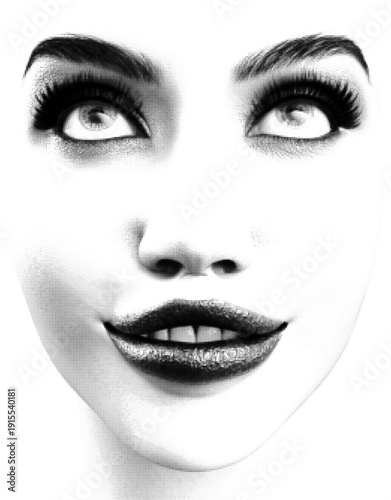 Female face, halftone dotted texture. Illustration of a womans face, defined brows, and full lips using precise dot patterns. Ideal for graphic design, fashion, or pop art.