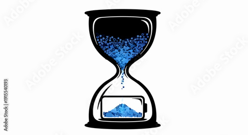 Hourglass with falling blue sand powering a battery, symbolizing time and energy conservation