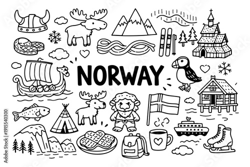 Norway Travel Hand Drawn Doodle Set. Vector Illustration of Scandinavian Landmarks, Viking and Nature Symbols.