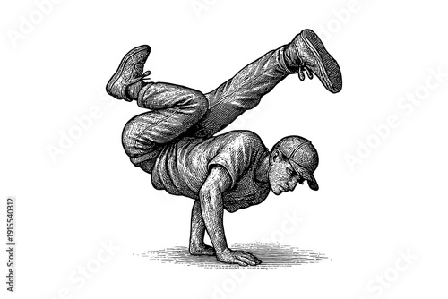 Intricate line art of breakdancing performer in mid-move