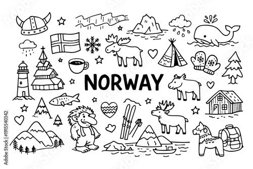 Norway Travel Hand Drawn Doodle Set. Vector Illustration of Scandinavian Landmarks, Viking and Nature Symbols.