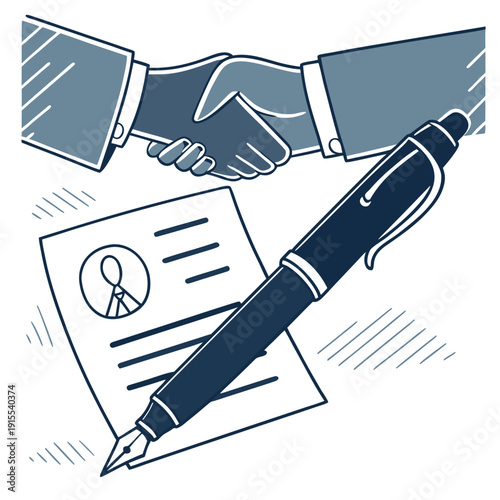 Close-up of a business handshake over a document with a resume and a fountain pen, signifying hiring or contract completion.