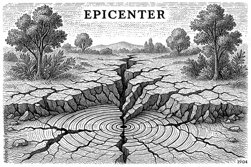 Vintage earthquake scene with cracked ground and trees in detailed engraving style
