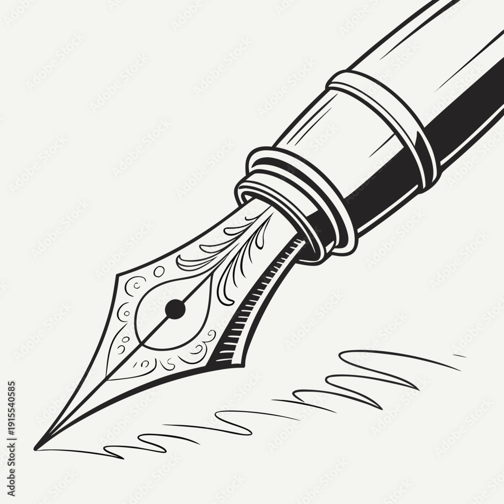 Obraz premium Elegant black and white fountain pen nib writing flowing lines, detailed illustration for calligraphy, art, or classic stationery