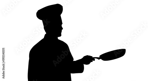 Silhouette of a chef holding a frying pan ready to cook.