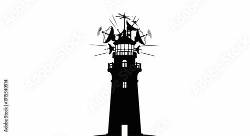 Silhouette of a lighthouse with multiple antennas broadcasting signals against a white background