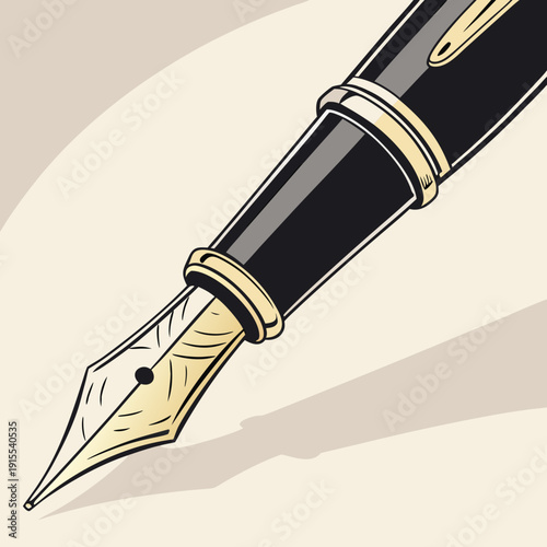 Detailed illustration of a classic black and gold fountain pen nib, elegant and luxurious design for premium writing instruments