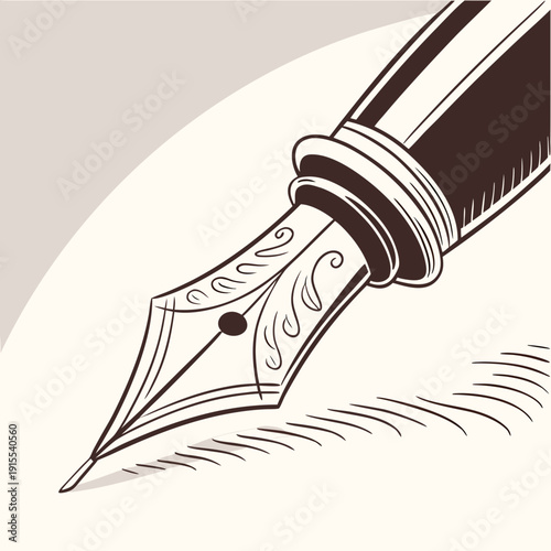 Artistic illustration of a vintage fountain pen nib in brown tones, elegant and classic design for calligraphy or retro writing