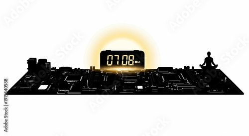 Digital sunrise over futuristic cityscape with meditating silhouette