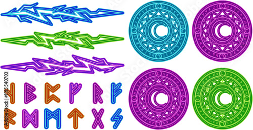 Set of magical and alchemical symbols, stylized lightning bolt designs, and ancient runic alphabet letters in various colors.