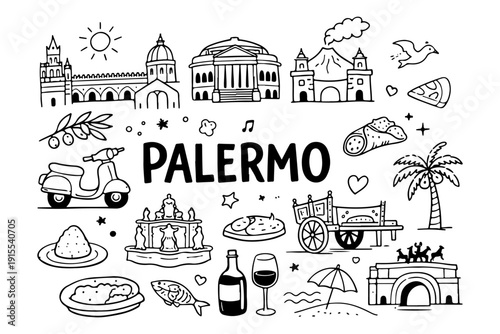 Palermo Sicily Travel Hand Drawn Doodle Set. Vector Illustration of Italian Landmarks, Street Food and Culture Symbols.
