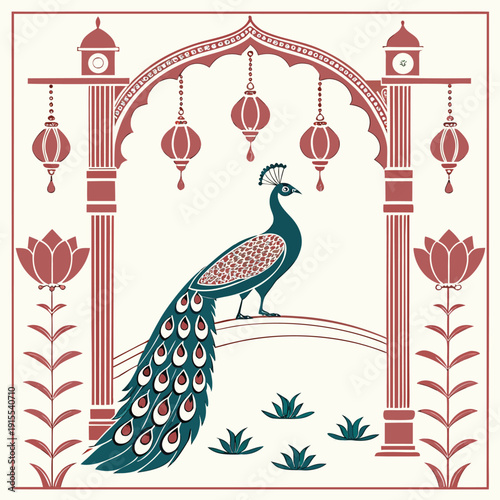 Peacock in Mughal archway with lanterns traditional Indian architecture.